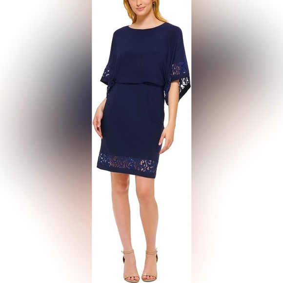 Jessica Howard Navy Lace Trim Kimono Sleeve Blouson Cocktail Dress M - Picture 1 of 13